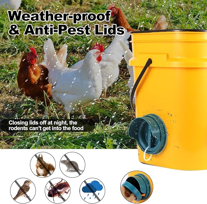 Chicken Feeder No Waste, 10 Ports Automatic Poultry Feeder with Covers & Hole Saw, Rain Proof Chicken Feeder Port for Buckets, Bins & Barrels