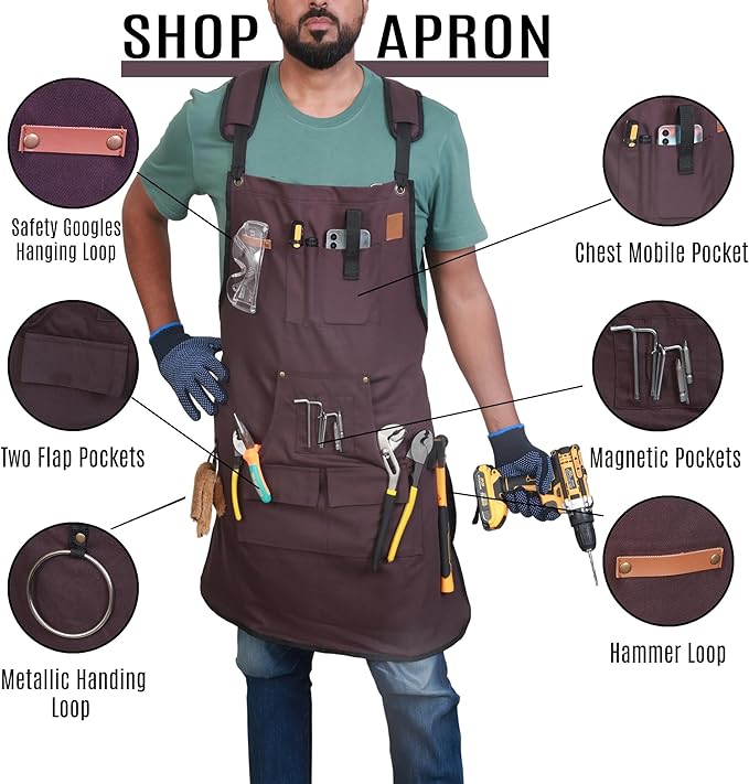 Woodworking Apron for Men - 9 Reinforced Pockets Durable Canvas Padded Cross Straps - Woodworking Gifts for Men