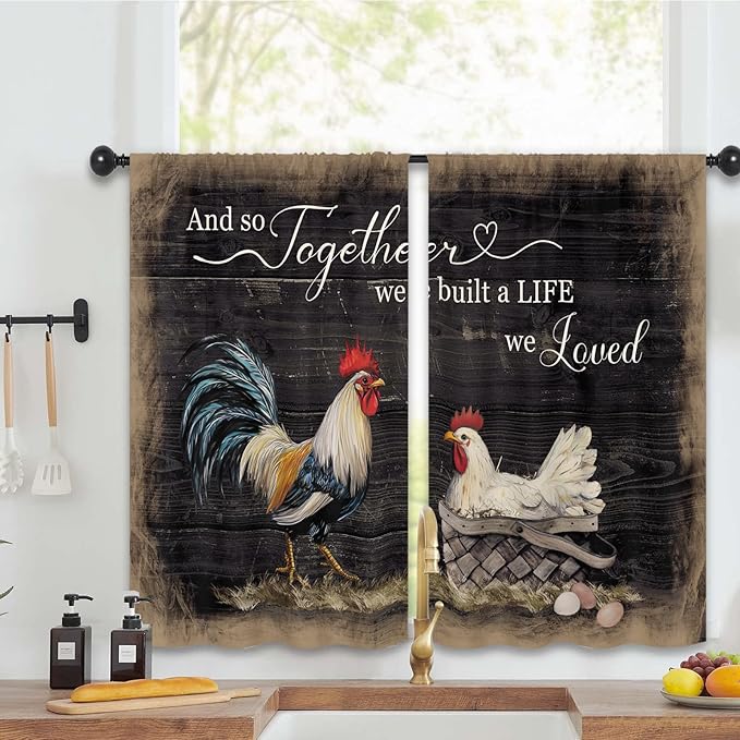 Rooster Chicken Kitchen Curtains 27.5W x 39L Inch Rustic Farmhouse Coutry Rural Quotes Rod Pocket Short Small Window Treatment Drapes Decor 2 Panels