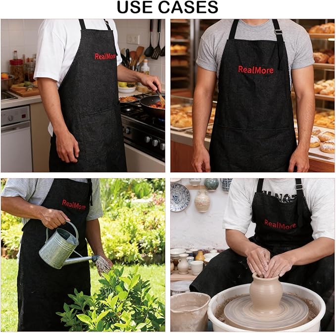 Cotton Denim Apron Waterproof Oil Resistant Work Apron with Pockets, for Cooking, BBQ, Grilling, Chef, Bartender, Carpenter, Painting, Gardening, Blacksmith, Adjustable Straps