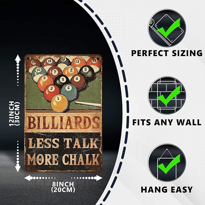 Retro Billiards Tin Sign Less Talk More Chalk Metal Wall Decor with 8 Ball & Pool Cue Decorations for Man Cave Game Room Basement Bar Pub Tavern Wall Art 12 * 8 In