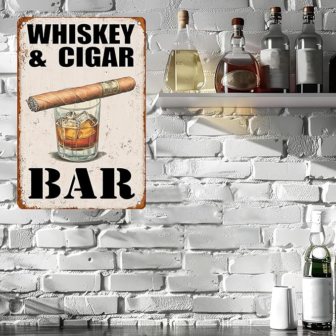 Metal Vintage Tin Sign Decor Whiskey and Cigar Bar Metal Pub,Club,Bar,Restaurant,Coffee bar, Vintage Art Wall Poster Plaque Decor 12x8 Inch