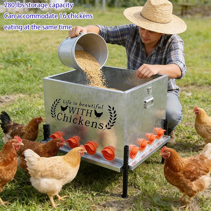 Upgraded 280 LB Automatic Large Capacity Chicken Feeder with Sturdy Adjustable Support Rod 16 Feeding Ports - Anti Waste Design Durable Poultry Feeder for Backyard Farms, Chicken Coops