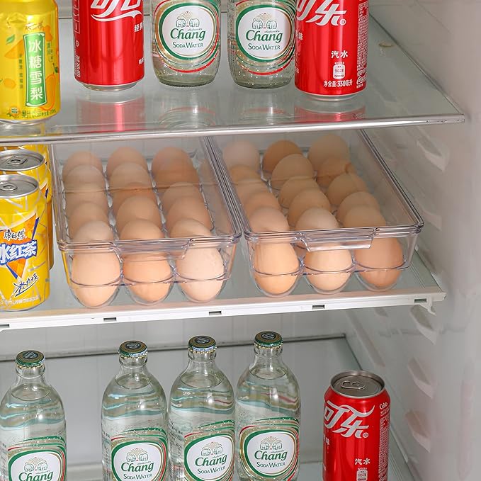 Sooyee 2 Pack Egg Holder for Refrigerator, Plastic Egg Storage Container, Fridge Egg Organizer, Clear Refrigerator Organizer Bins with Lids, Stackable Tray Holds 18 Eggs