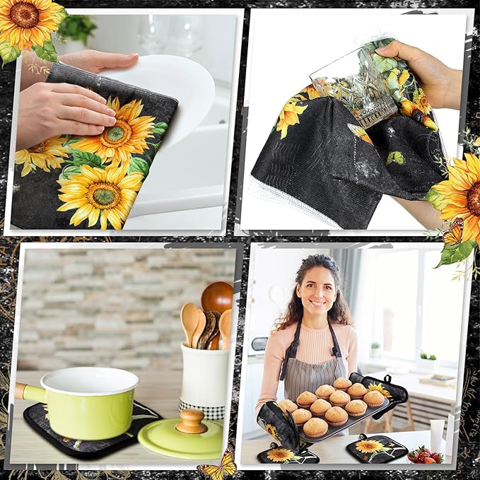 10 Pcs Vintage Sunflower Kitchen Dish Towels Rugs Oven Mitts and Pot Holders Set Farmhouse Kitchen Decor Set for Women Mom Daughter Gift Cooking Baking Grilling(Vintage Gray)
