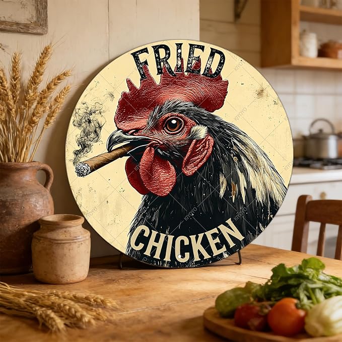 Farm Chicken Cock Hen Round Metal Tin Sign Rooster Fried Chicken Poster Home Decor Garage Bar Restaurant Kitchen Cafe Bar Pub Wall Art Decor 8 Inch