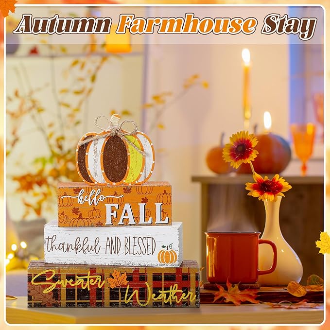Geelin 4 Pcs Thanksgiving Decorations Fall Wooden Sign Pumpkin Tiered Tray Decor Hello Fall Table Centerpiece Wood Blocks Table Top Sign for Home
