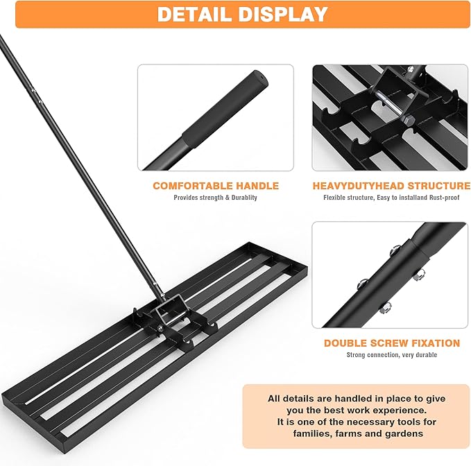 GAW Black Lawn Leveling Rake, 40" x 10" 7.2ft Handle Heavy Duty Ground Plate Rake for Lawns, Effort Saving Lawn Leveler Tool, Levelawn Tool for Yard, Backyard, Garden, Golf Couse, Farm, Pasture