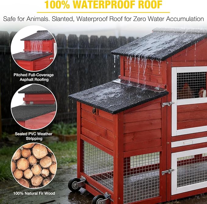 Aivituvin Large Chicken Coop with Wheels, Outdoor Hen House Mobile Poultry Cage with Run, Weatherproof Asphalt Roof, Sectionable Nesting Box, Leakproof Pull-Out Tray for 4-6 Chickens - Red