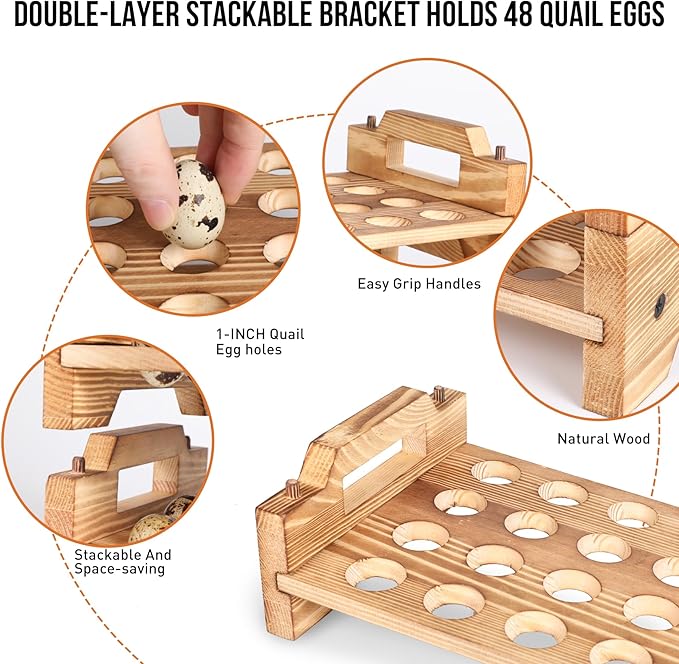 Stackable Wooden Quail Egg Holder Countertop-Expandable Storage Rack with 4 Bonus Egg Cups | Solid Wood Tray with Secure Interlocking Dowels for 48 Fresh Quail & Pigeon Eggs (Single or Multi-Tier Use)