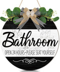 CHDITB Bathroom Wall Decor, Funny Bathroom Wooden Wreath Sign, Rustic Round Humorous Wood Hanging Plaque, Open 24 Hours Please Seat Yourself Door Signs, Modern Farmhouse Hanger for Restroom Toilet
