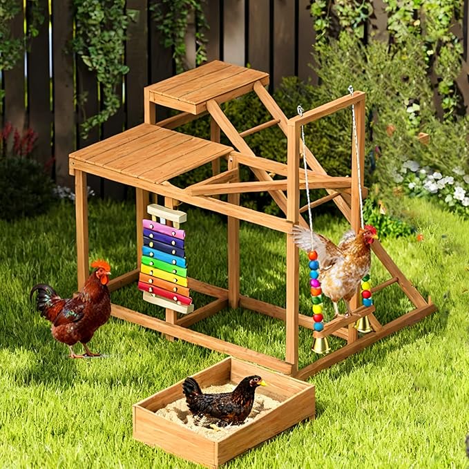 Chicken Perch with Swing Xylophone Removable Feeder/Bath Wooden Roosting Bar Toy for Farms Easy to Clean