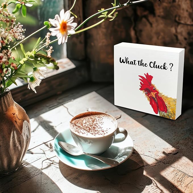 Funny Rooster Wooden Box Sign - Rooster Kitchen Decor, Rooster Decor, Rustic Farmhouse What the Cluck Rooster Wooden Box Sign for Home Shelf Desk Table 5x5 Inch
