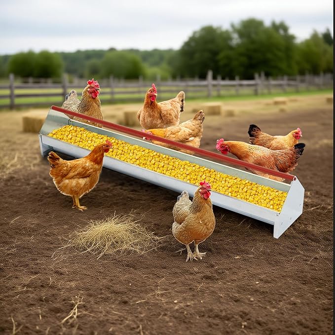Chicken Feeding Trough 45", Heavy Duty Galvanized Steel Poultry Feeder with Red Crossbar & Drainage Holes, Large Capacity Feeder Trough for Chicken, Duck, Goose, Turkey, Rabbit, Pigeon