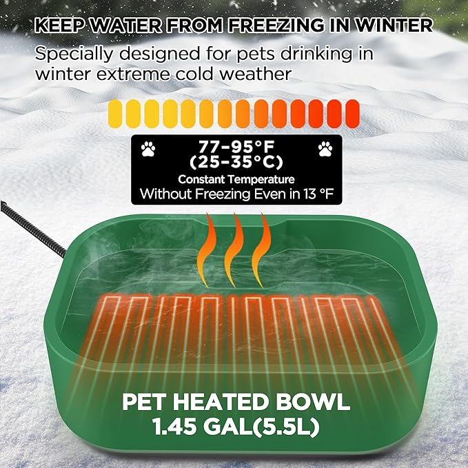 5.5L/1.45Gal Extra Large Heated Water Bowl, Indoor & Outdoor Winter Antifreezing Pet Heated Thermal Water Bowl Dish, Anti Chewy Cord, BPA-Free, Pet Products for Dog Cats Rabbit Chicken Duck Squirrel