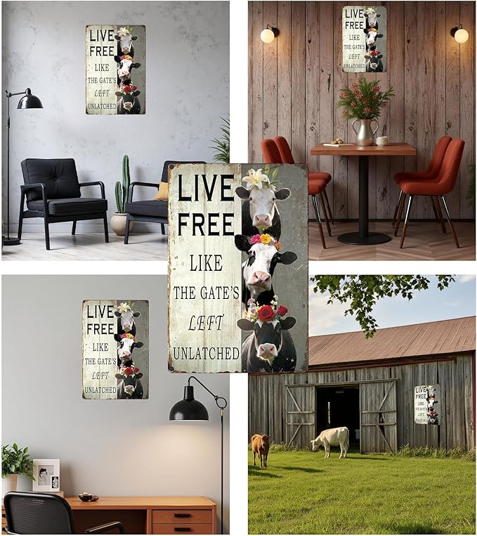 8x12-In Vintage Cow Decor Sign – ‘LIVE FREE LIKE THE GATE'S LEFT UNLATCHED’ – Funny Rustic Metal Wall Plaque for Kitchen, Porch, Cow Shed – Waterproof Gift for Cow Lovers & Moms