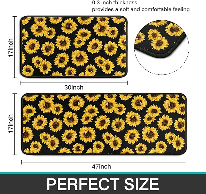 Roszwtit Sunflower Kitchen Rugs and Mats Set of 2, Black Sunflowers Non-Slip Backing Kitchen Rug, Kitchen Sets Low-Profile Washable Floor Mat for Home Kitchen Decor - 17x29 and 17x47 Inch