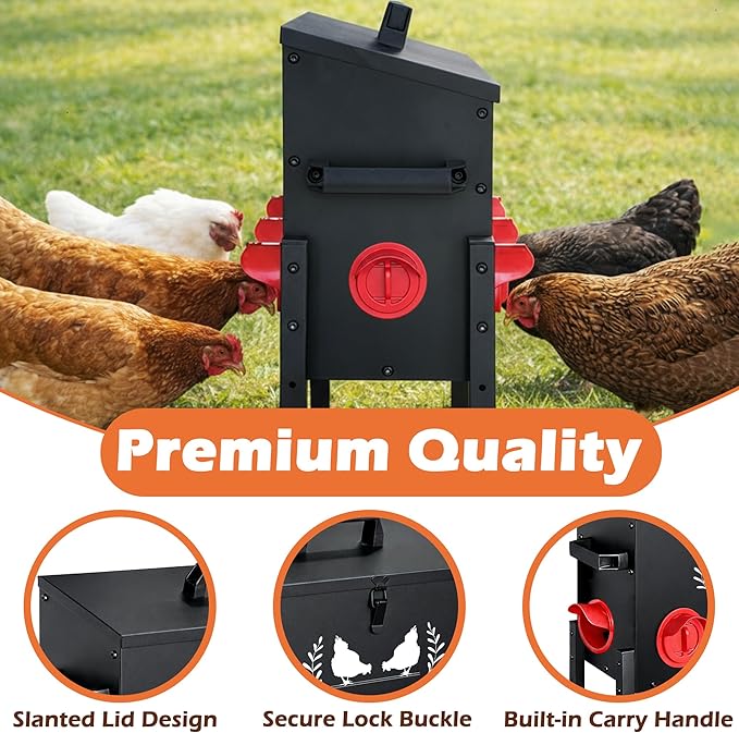 Large Capacity Automatic Chicken Feeder, 8 Port Chicken Feeder, 48LB Metal Chicken Feeders with Locking Lid & Adjustable Legs, No Waste Chicken Feeder, Black