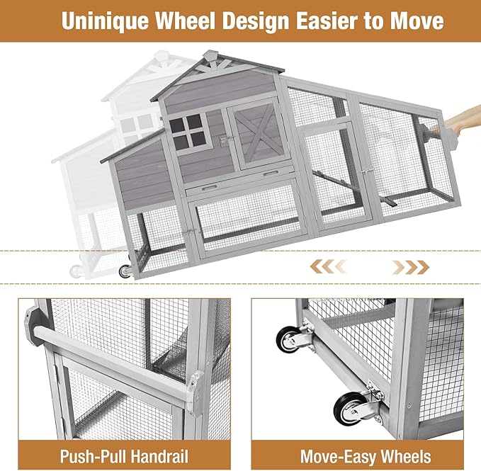 Large Chicken Coop for Outdoor with Nest Box and Removable Tray, Hen House Waterproof for 2-5 Chickens, Outdoor Poultry Cage with Wheels - Grey
