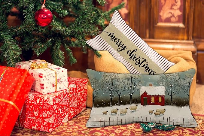 Christmas Sheep Pillow Cover 12x20 Inch Sheep Red Wonderland Forest Tree Decoration Holiday Farmhouse Pillow Case Decor for Home Sofa Couch