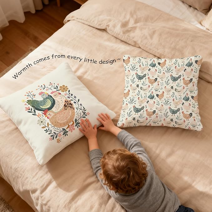 Rustic Floral Chicken Pillow Covers 18x18, Chicken Lover Lady Mom Gifts, Cottagecore Flower Farmhouse Hen Decorative Throw Pillow Covers for Home Bedroom Living Room, Set of 2,Color-3