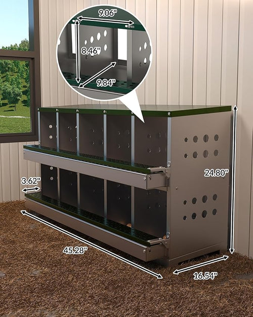 10-Hole Galvanized Metal Chicken Nesting Box with Egg Collection Tray/Fake Training Eggs, Rustproof Poultry Laying Box with Perch Rod,for Chicken Coops and Hens
