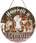 Vintage Farm Animals Cow Cardinal Front Door Sign, Retro Farmhouse Happiness is Homemade Barn Wood Plaque Hanger Outdoor Porch Home Decor, Rustic Country Wooden Wreath Wall Hanging Decoration
