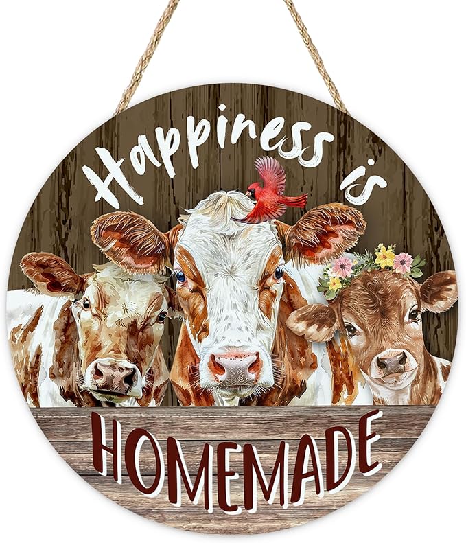 Vintage Farm Animals Cow Cardinal Front Door Sign, Retro Farmhouse Happiness is Homemade Barn Wood Plaque Hanger Outdoor Porch Home Decor, Rustic Country Wooden Wreath Wall Hanging Decoration