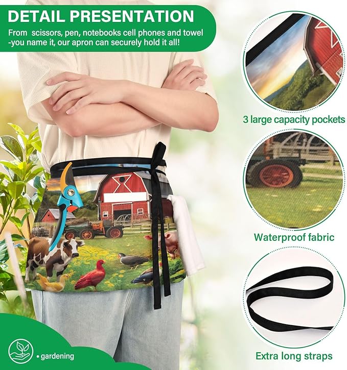 Farmhouse Animals Waist Apron with 3 Pockets Water & Oil Resistant Short Waiter Apron Server Waitress Half Apron for Cooking Gardening