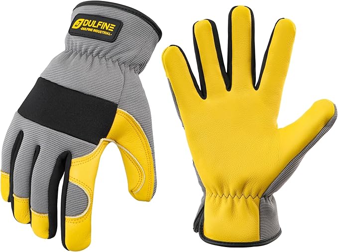DULFINE Cowhide Leather Work Gloves for Men & Women, Reinforced Durable Gardening Gloves, Puncture & Cut Resistant