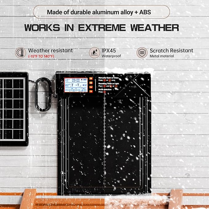 Automatic Chicken Coop Door Solar Powered, Extra Large Auto Chicken Door Mix 4 Modes with Timer & Light Sensor, USB-c Charging, Anti pinch & Alert, Remote, LED Screen, Aluminum Weather Proof Coop Door