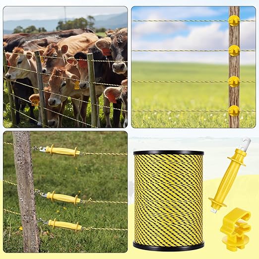 SATINIOR 46 Pcs Electric Fence Kit Included 3366ft/ 1026m Electric Fence Polywire, 40 T Post Insulators Socket, 5 Yellow Rubber Gate Handle Insulators for Fencing Horse, Cattle, Predator Protection