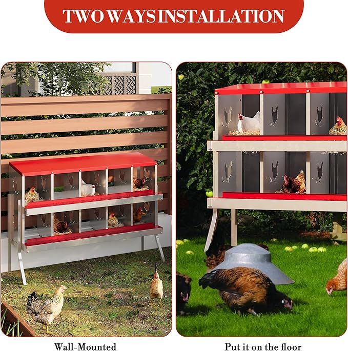 Heavy-Duty 10-Compartment Chicken Nesting Boxes with Roll Away Feature - Easy Clean Pull-Out Trays, Built-in Perch | Wall Mount/Free Standing Hen Laying Nests - Premium Poultry Egg Collection Solution
