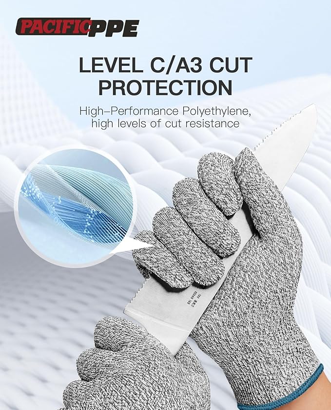 PACIFIC PPE Cut Resistant Gloves Food Grade, Level 3 Protection, Safety Kitchen Cut Gloves, Machine Washable, Durable, Butcher Meat Cutting, Oyster Shucking, Large