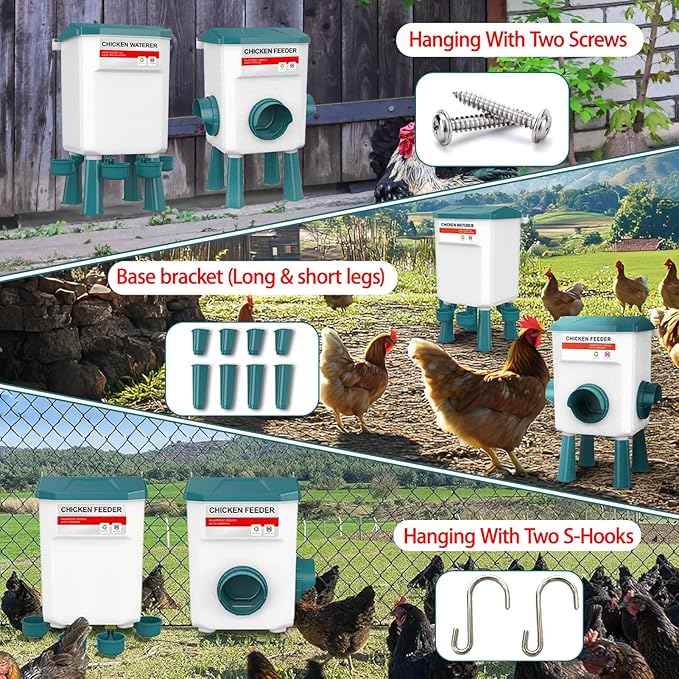 Chicken Feeder and Waterer Set, Chicken Coop Accessories with Hanging Chickens Poultry Feeder and Chicken Waterer Kit No Waste, 3 Gallon/26 Pounds, Blue