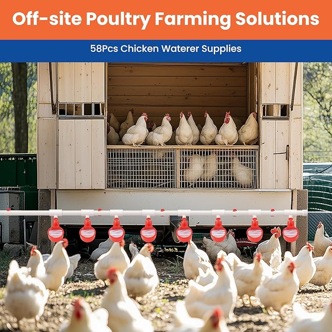 58 Pcs Automatic Chicken Waterer System with 8 Water Cups & 2 Garden Hose &1/2" PVC Pipe & Float Valve & Hose Connector Kit for Chicken coops,Geese,Ducks,Compatible with Water Tanks,1/2"&3/4" Hose