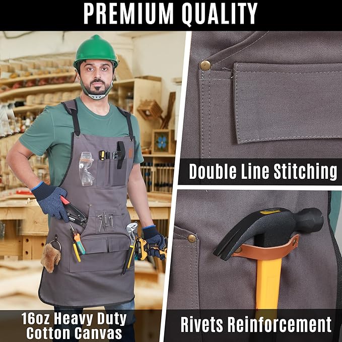 Woodworking Apron for Men - 9 Reinforced Pockets Durable Canvas Padded Cross Straps - Woodworking Gifts for Men