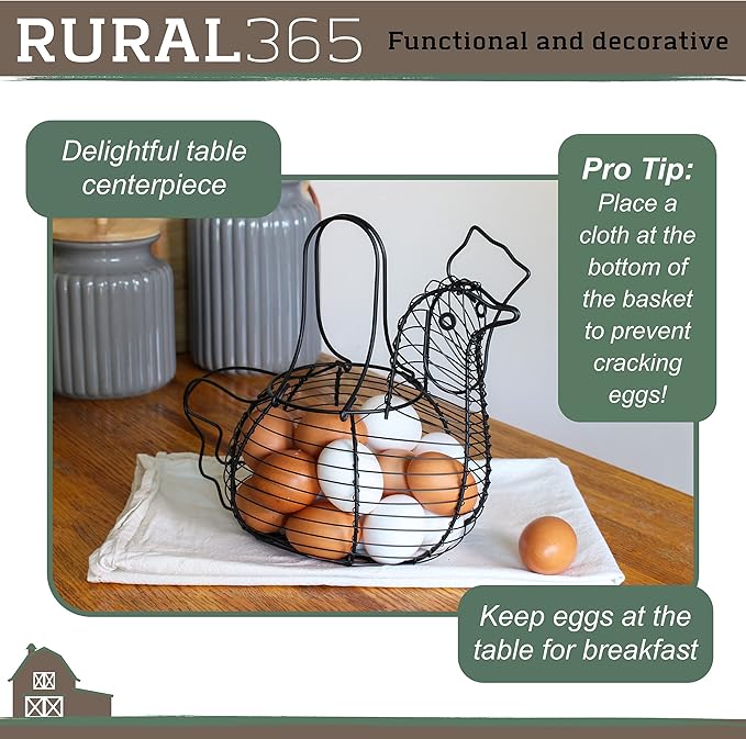 Rural365 Chicken Egg Basket - Chicken Shaped Decorative Black Metal Wire Basket Farm Style Kitchen Egg Collecting Basket