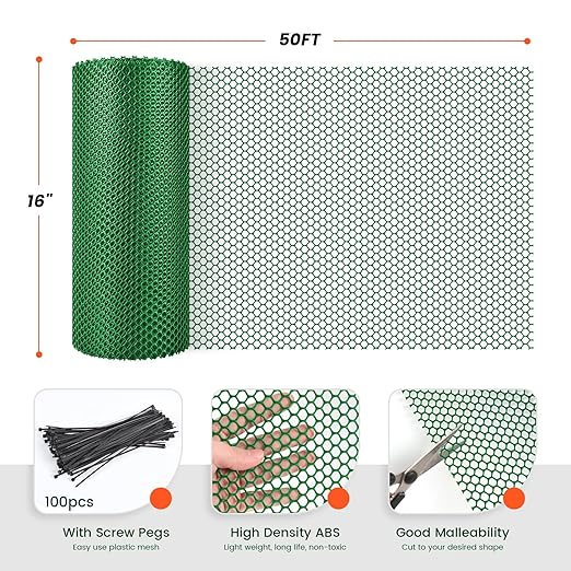 16IN x 50FT Plastic Chicken Wire Mesh, Chicken Wire for Floral Arrangements, Chicken Wire Mesh for Crafts with 100 Pcs Zip Ties, Mesh Fence for Dogs, Deers, Poultry