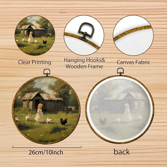 Hiuwevt Vintage Farmhouse Round Wall Art Decor, Cottagecore Country Framed Canvas Prints, Rustic Chicken Round Wall Hanging Decor for Kitchen Home Bedroom Decorations, 10x10 Inches