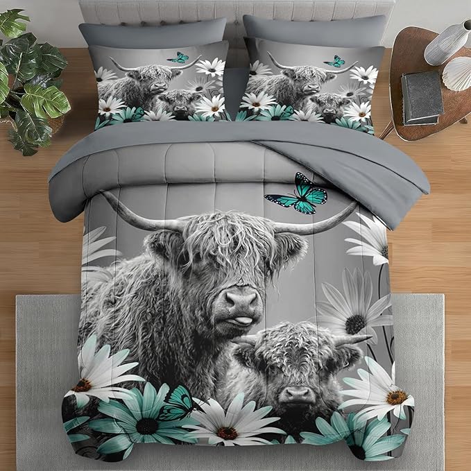 Comforter Set Twin Size, Highland Cow Bull Animal 5 Pcs Bedding for Kids and Adults, Flower Daisy Farm Bed Sheet Sets with Fitted Sheet Pillowcase & Sham for Bedroom Bed Decor