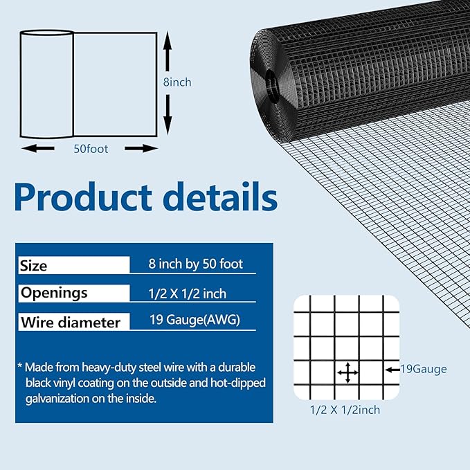 Black Hardware Cloth 1/2 inch 19Ga PVC Coated Wire Mesh Vinyl Coated Fence Welded Metal Chicken Wire Fencing Roll (1/2 inch 8in x 50ft)