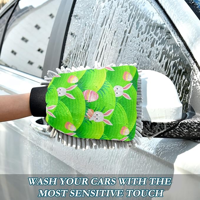 Emelivor Easter Bunny Egg Meadow Car Wash Mitt Microfiber Cleaning Gloves Brush Scrub Mitts Pads Non Scratch for Car Home Cleaning 2 Pack