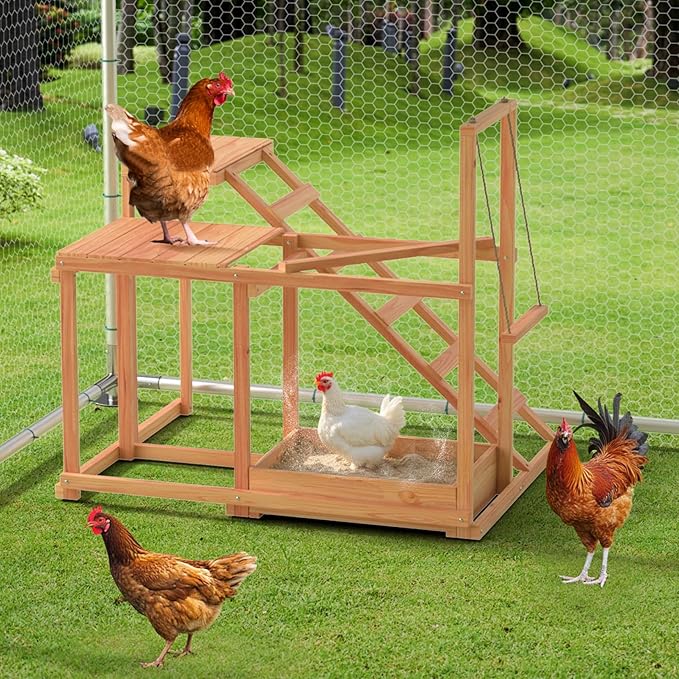 Chicken Perch Chicken Toys for Coops with Bird Swing, Ramp, Platform, Food Storage Easy to Clean, Suitable for coop Backyard Farms 34.5" x 27.5" x 31.5"