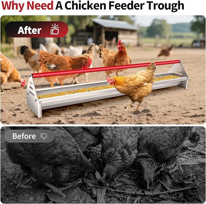 RYFT Chicken Feeding Trough 45", Heavy Duty Galvanized Steel Chicken Feeder with Red Crossbar, Holds 12 Chickens with Drainage Holes, Large Capacity Poultry Feeder Trough for Duck Geese Turkey Pigeon