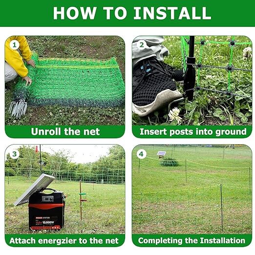 Electric Fence Netting, 47.2" H x 164' L, Portable Livestock Nets with 14 Posts Double Spiked for Hog, Dogs, Deer, Goats, Electric Fencing for Backyards, Homesteaders, Farms, Ranches, Gardens