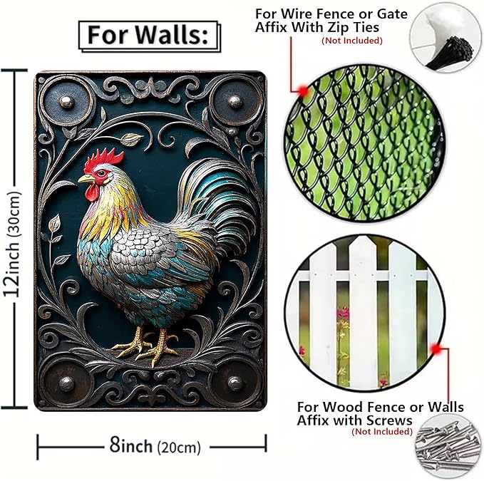 Chicken Metal Tin Sign Vintage 2D Flat with 3D Visual Effect Metal Post Wall Art for Chicken Coops Farms Yards Home Bar Cafe Garage or Office - Thoughtful Chicken Gift Idea