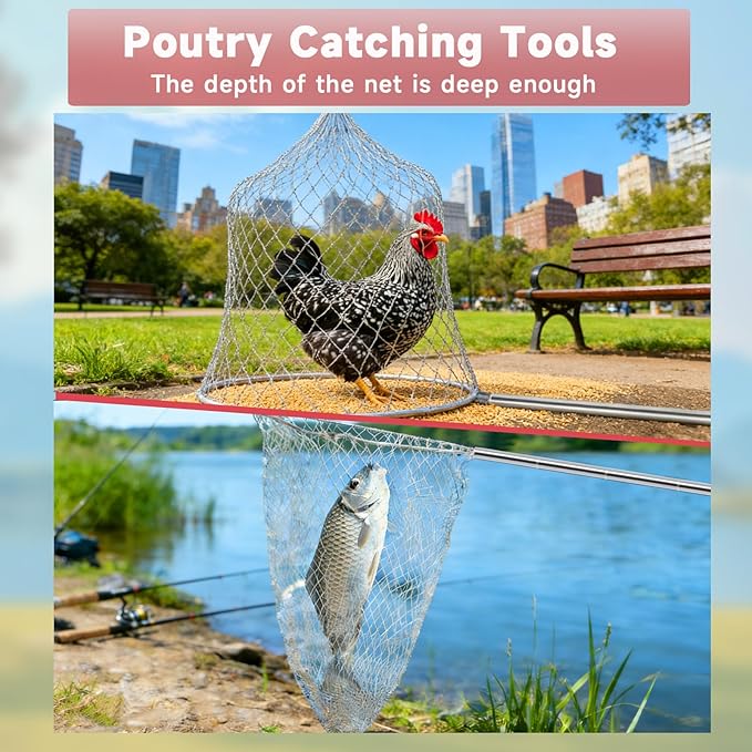 2 Sets Chicken Catching Net with 2 Poles 2 Nets Extra Durable Fishing Net for Adult Poultry Catcher Net Thickened Adjustable Stainless Steel Catching Poles Sets for Chick Goose Ducks Fish Birds