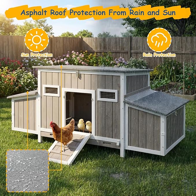 Chicken Coop Waterproof Asphalt Roof Predator-Proof Wooden Hen House for 2–4 Chickens Easy Clean Slide-Out Tray L-Shaped Metal Reinforced Outdoor Coop with Nesting Box Ramp & Ventilation