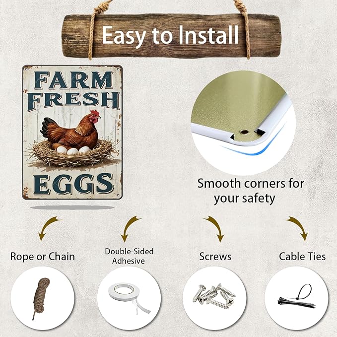 Funny Rooster Decor Vintage Farm Fresh Eggs Chicken Tin Sign for Chicken Coop Farm Garden Yard Decor 16x12 Inch